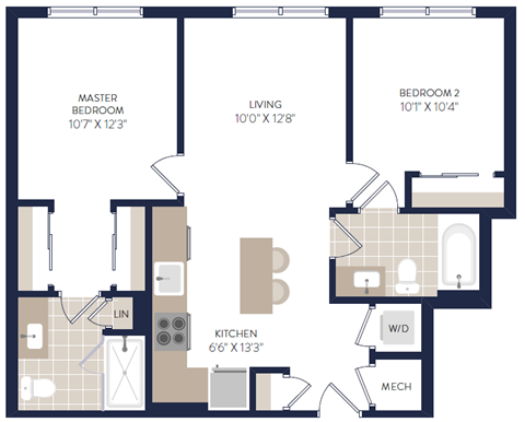 Floor plan for 2 beds, 2 baths, 780 sqft